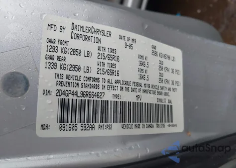 2006 Dodge Grand Caravan Sxt из США, поврежденный, VIN 2D4GP44L96R664627